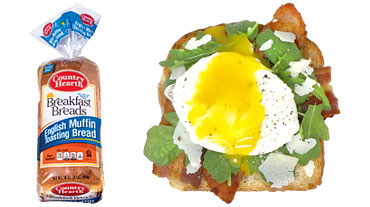 Bacon Arugula Parmesan Cheese and Eggs on Country Hearth English Muffin Toasting Bread