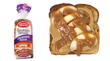 Peanut Butter, Apple, and Caramel on Country Hearth Cinnamon Raisin Breakfast Bread