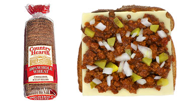 Sloppy Joes, Swiss Cheese and Onions on Country Hearth 100% Whole Wheat Bread